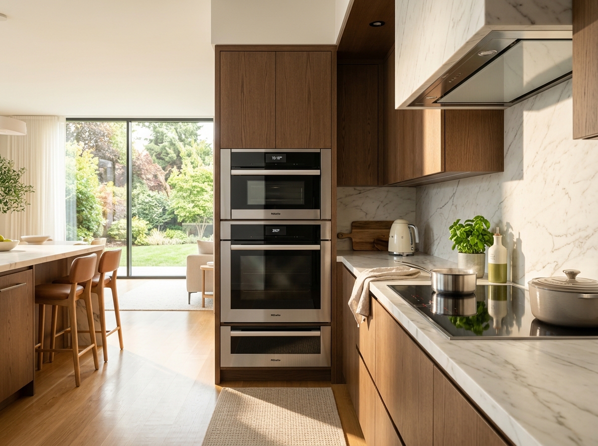 Premium built-in ovens, cooktops and designer chimneys in a luxury kitchen