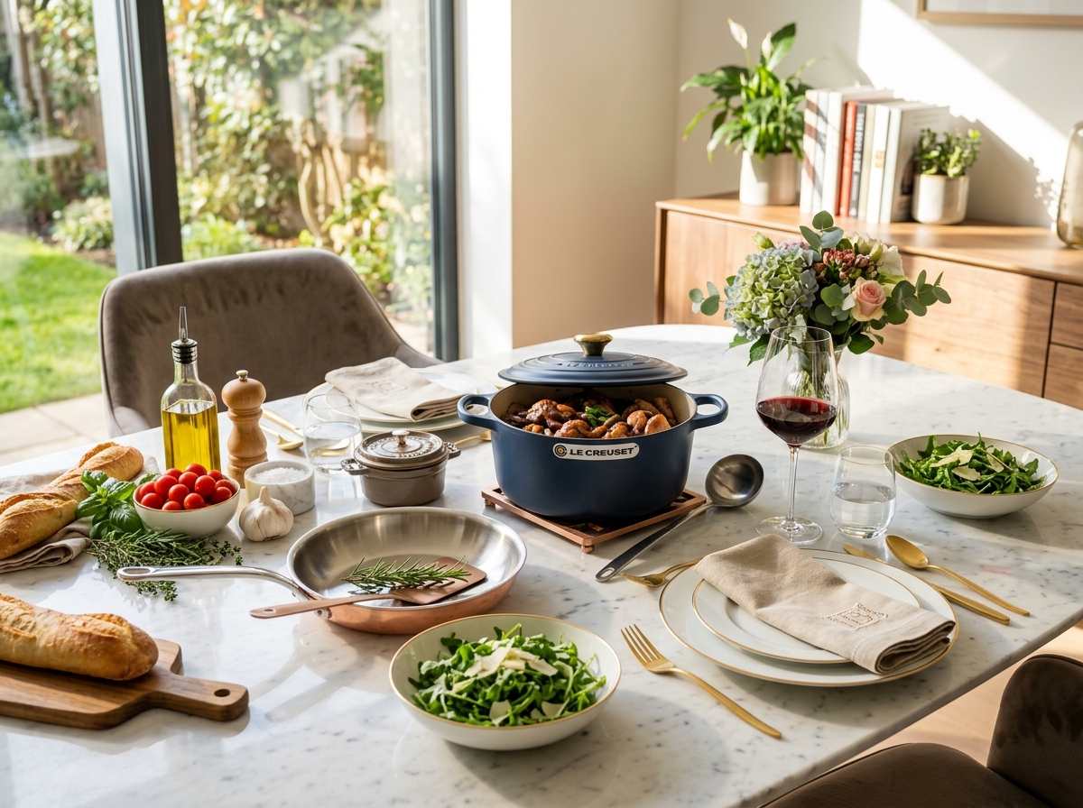 Premium copper cookware and fine porcelain dinner set