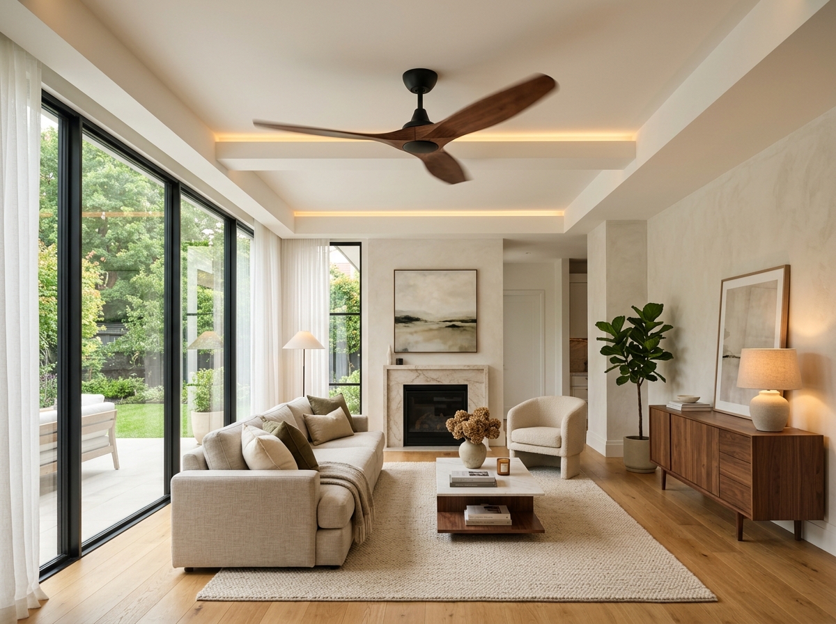 Luxury designer ceiling fan with walnut wood blades