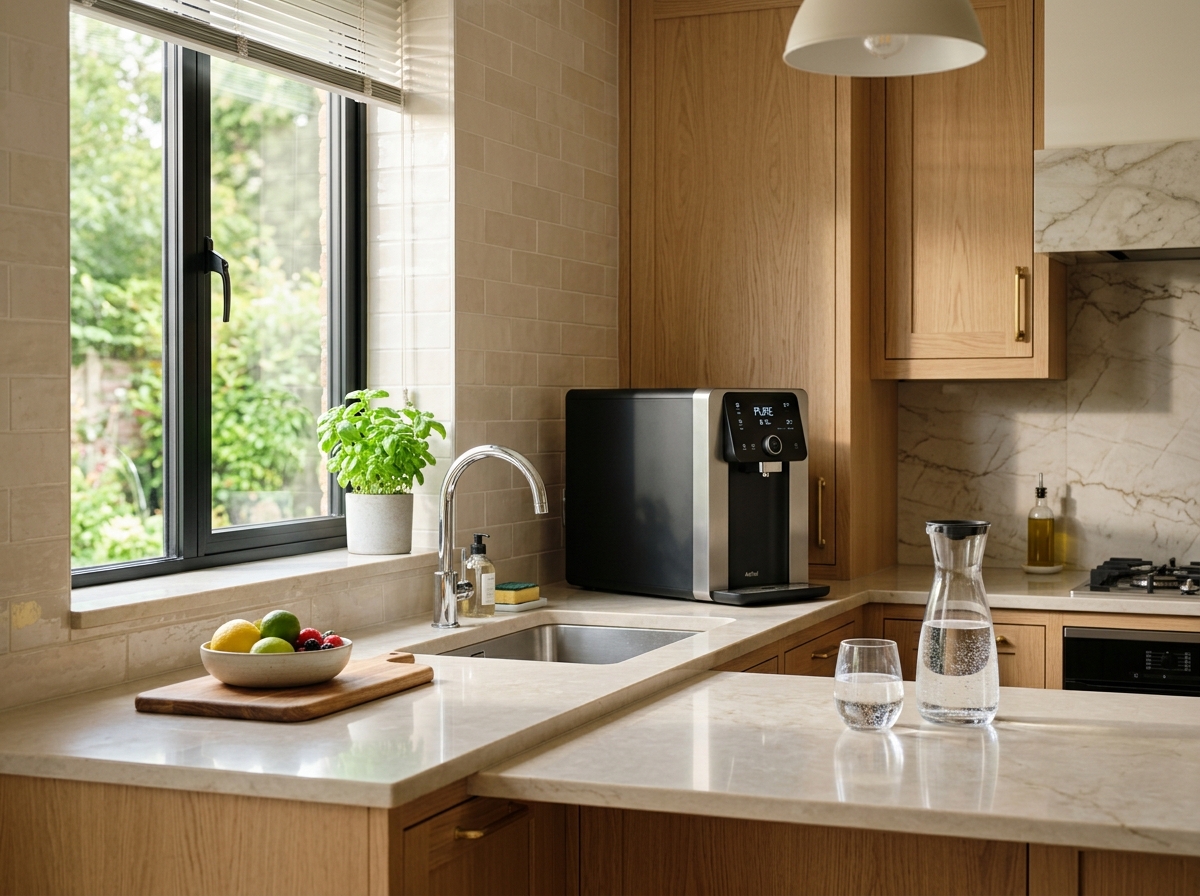 Sleek modern alkaline water purifier on counter