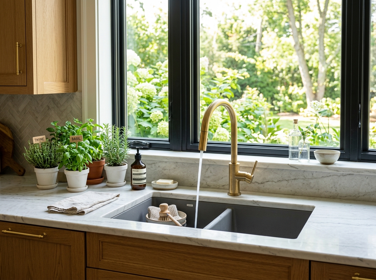 Luxury gold brass tap and quartz double bowl sink