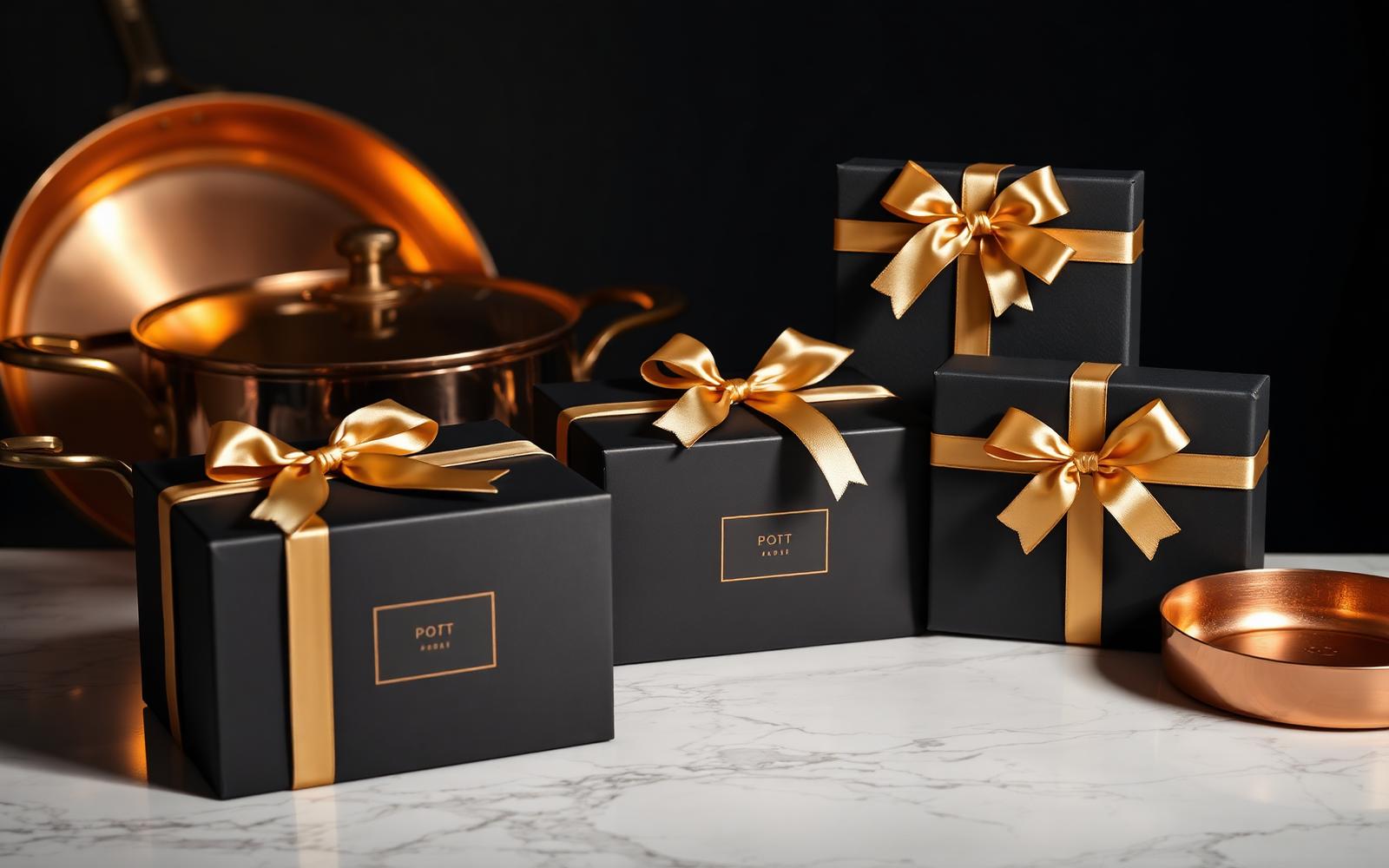 Luxury corporate gift boxes with brass ribbon beside premium copper cookware on marble