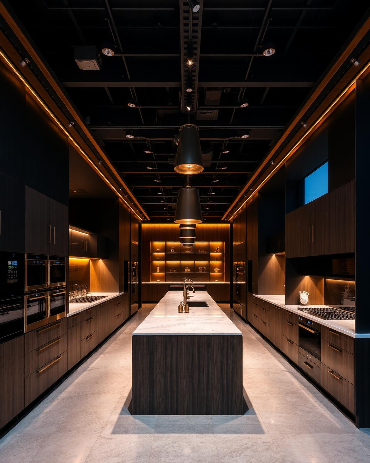 Kitchen Outfitters showroom with premium built-in appliances under brass lighting