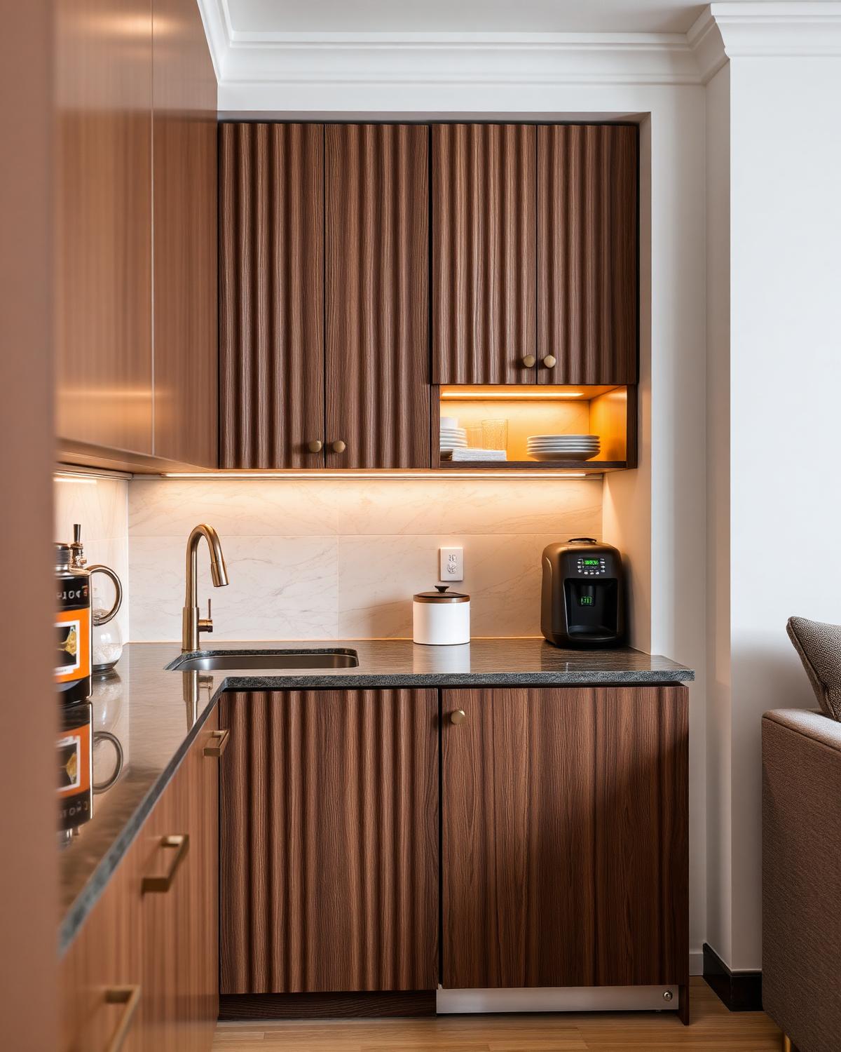 The Fluted Apartment: Walnut and Travertine kitchen in Gurugram